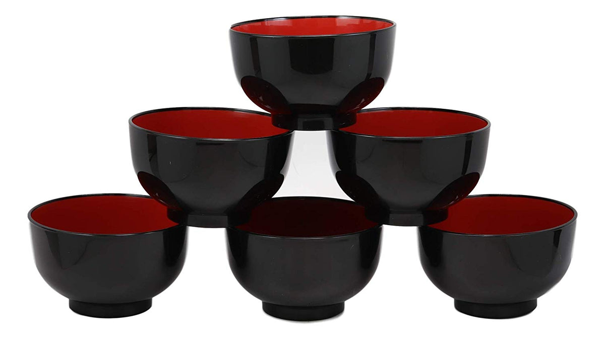 Ebros Made In Japan Black Red Lacquer Copolymer Plastic Large Bowl 38oz Set of 6