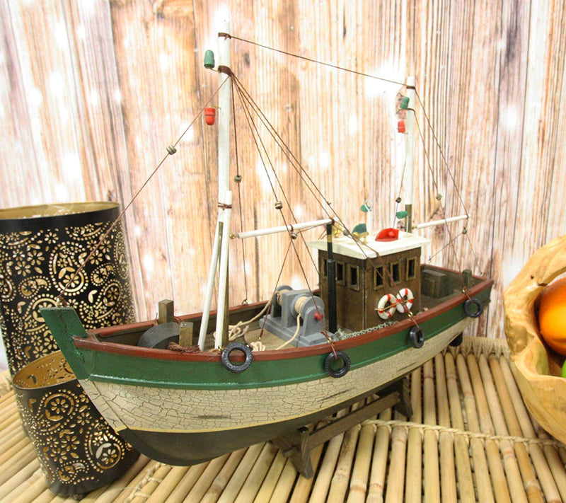 Ebros 18"L Wooden Handicraft Nautical Fishing Vessel Boat with Wood Base Figure - Ebros Gift