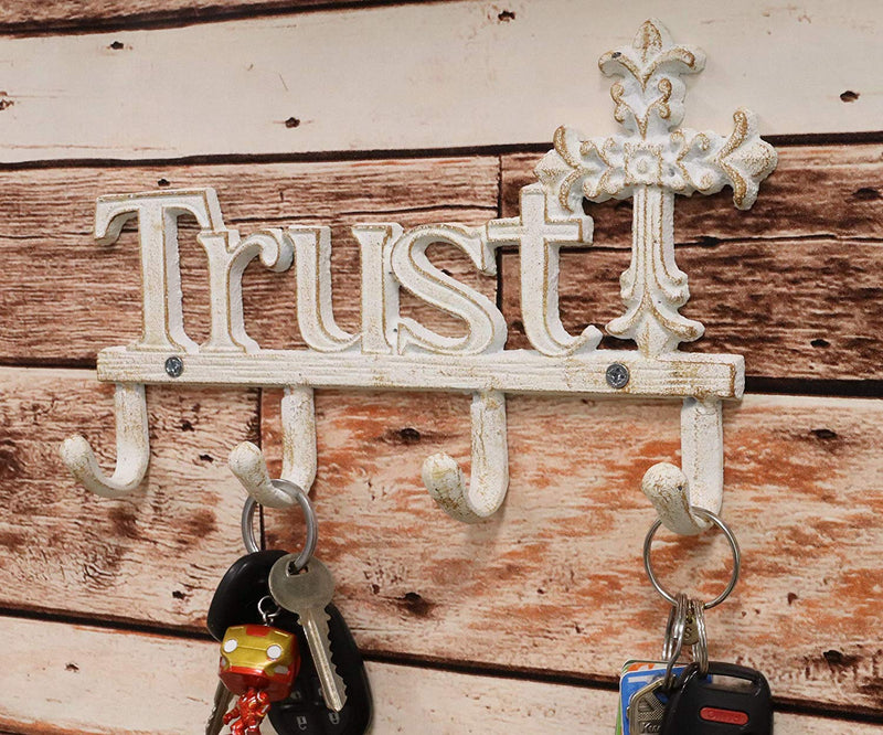 Cast Iron Rustic White Le Fleur Cross with Trust Letters Sign 4 Pegs Wall Hooks