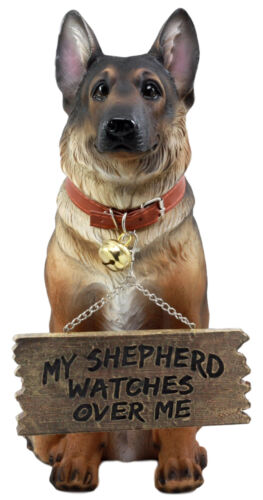 Faithful Collared German Shepherd Guard Dog Large Figurine Holding Sign Statue