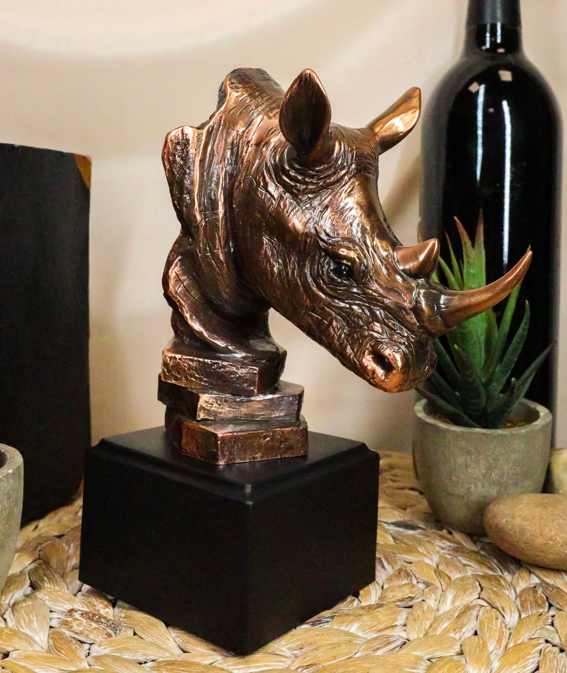 Black African Rhinoceros Bust Statue 7.5"H Rhino Monolith Bronze Electroplated - Ebros Gift