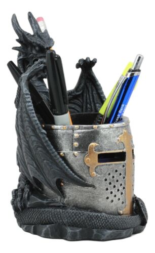 Medieval Saint George Dragon Guarding Medieval Knight Helmet Pen Holder Statue