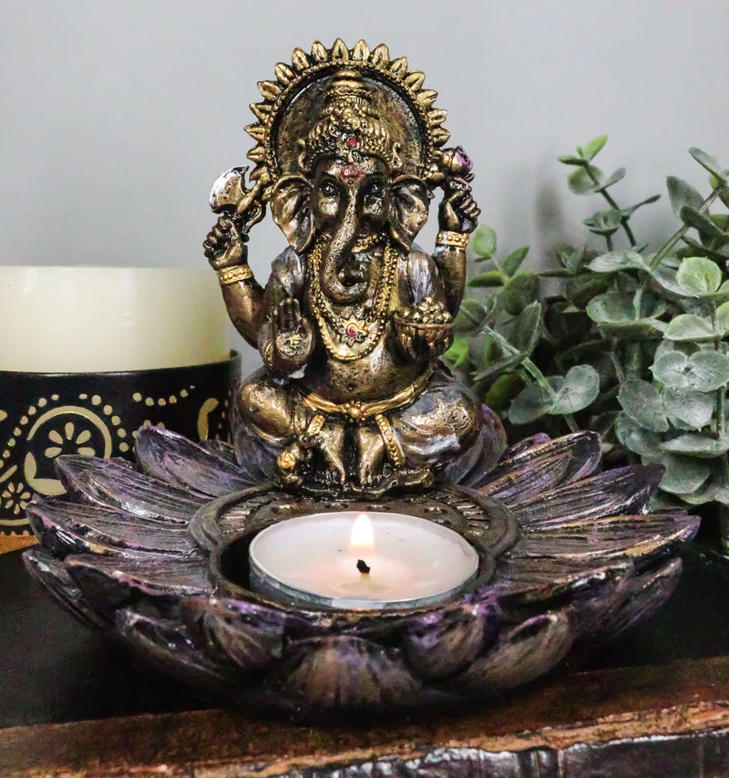 Hindu Elephant God Ganesha On Lotus Padma Flower Votive Candle Holder Figurine