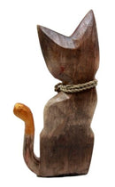 Balinese Wood Handicrafts Adorable Feline Cat With Rope Ribbon Tie Figurine