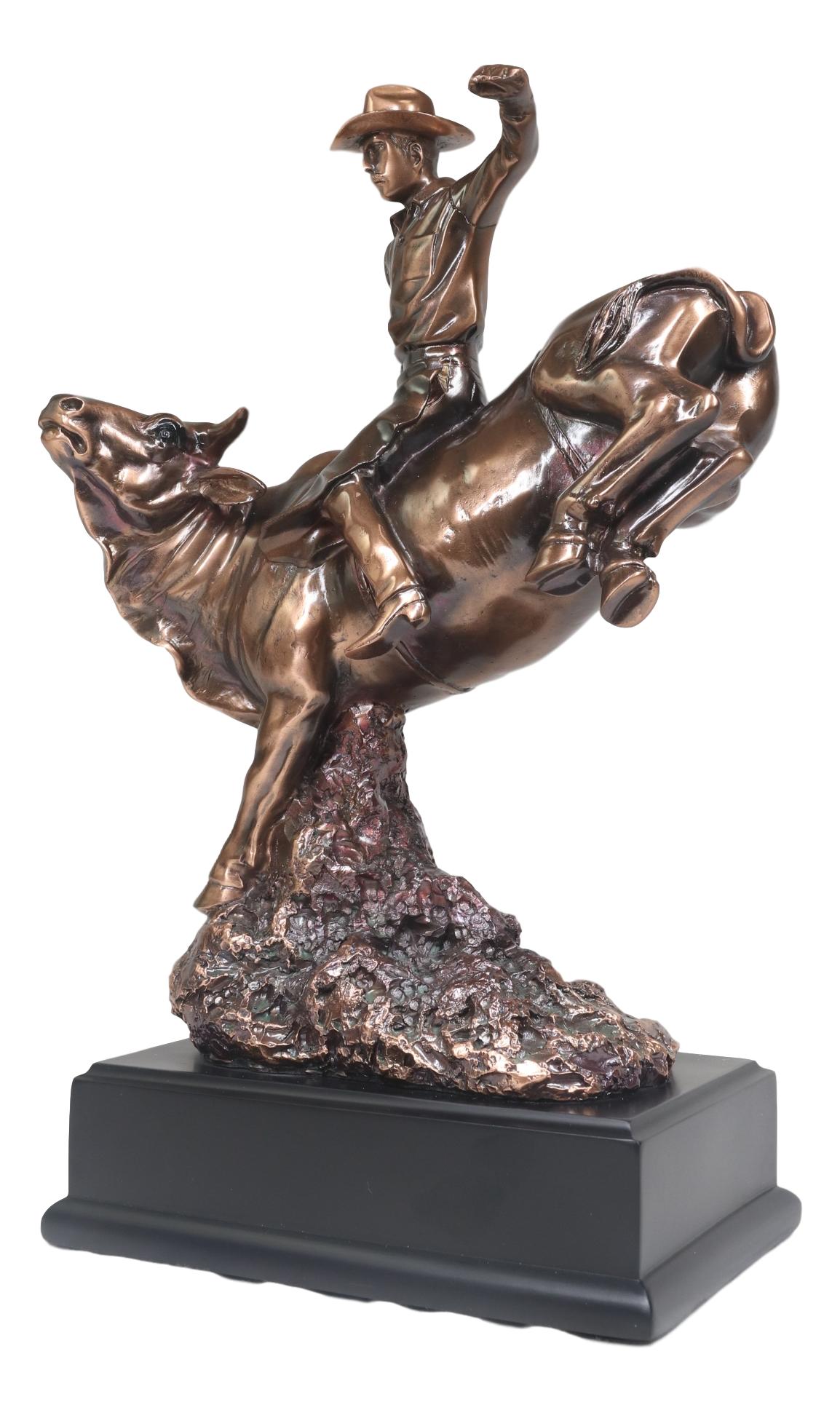 Wild Western Rodeo Cowboy With Bucking Bull Bronze Electroplated Statue - Ebros Gift