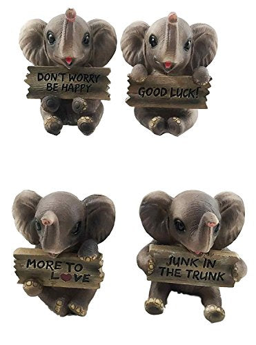 Ebros Lucky Trunks Baby Elephants Set of Four Figurine Holding Signs With Funny Saying
