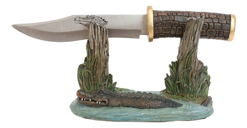 Swamp Bayou Crocodile Alligator Display With Decorative Dagger Knife Statue Set