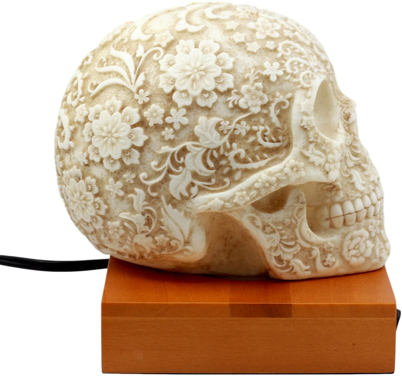 Ebros Day of The Dead Floral Skull Side Table LED Night Light Statue With Two USB Charging Dock On Wood Base