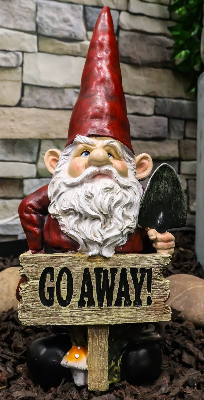 Grumpy Mr Gnome Grandpa With Shovel Standing By 'Go Away!' Yard Sign Figurine