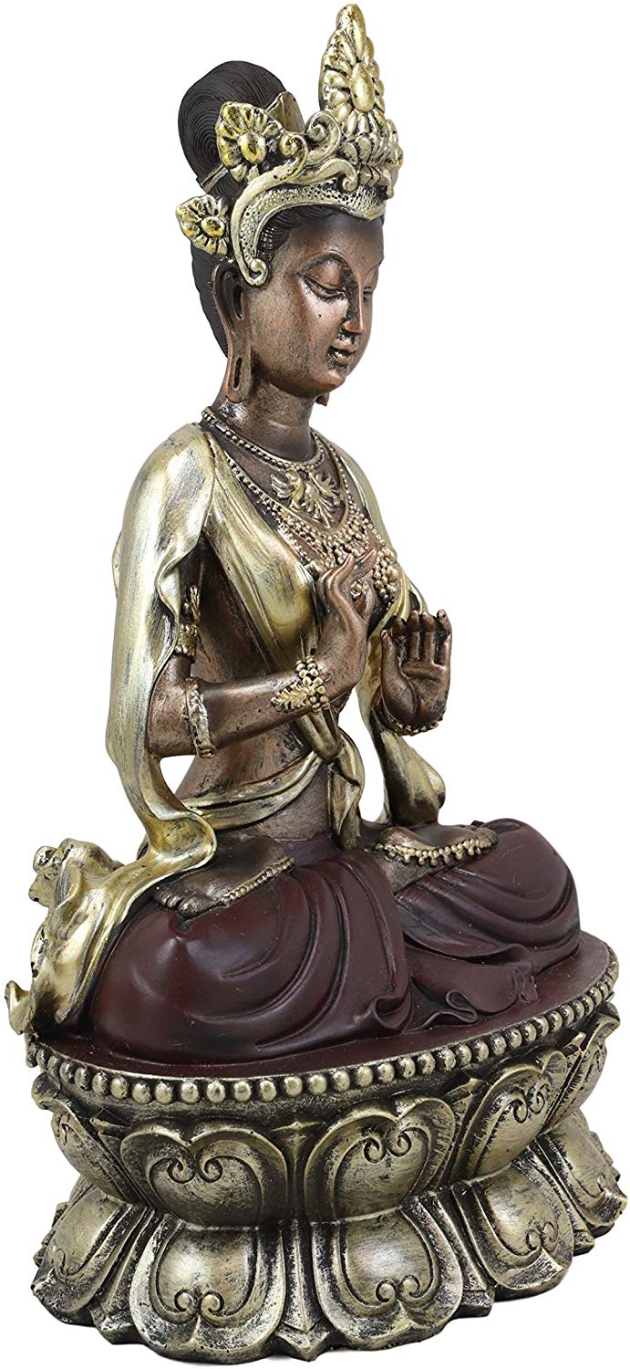Ebros Qing Dynasty Kuan Yin Buddha Meditating On Golden Lotus Throne Statue 12"H
