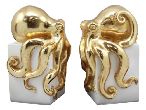 Ebros Contemporary Gold Color Octopus Light Duty Bookends Statue Set