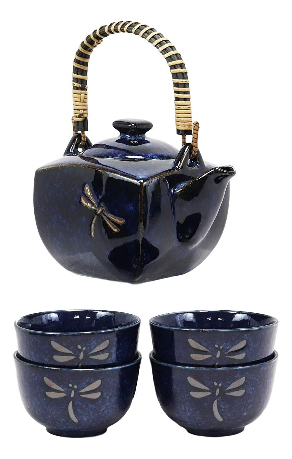 Ebros Japan Made Tombo Dragonfly Midnight Blue 20oz Porcelain Tea Pot & Cups Set - Ebros Gift