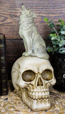 Gothic Full Moon Howling Gray Wolf Sitting On Graveyard Macabre Skull Figurine