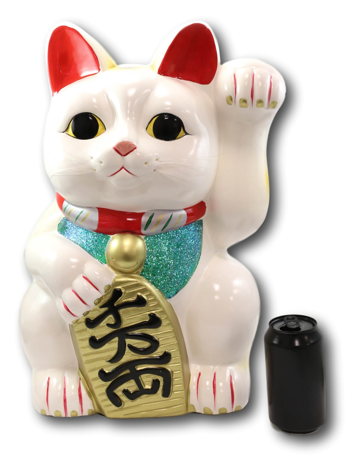Japanese Lucky Charm White Beckoning Cat Maneki Neko Money Bank Statue 18.25"H