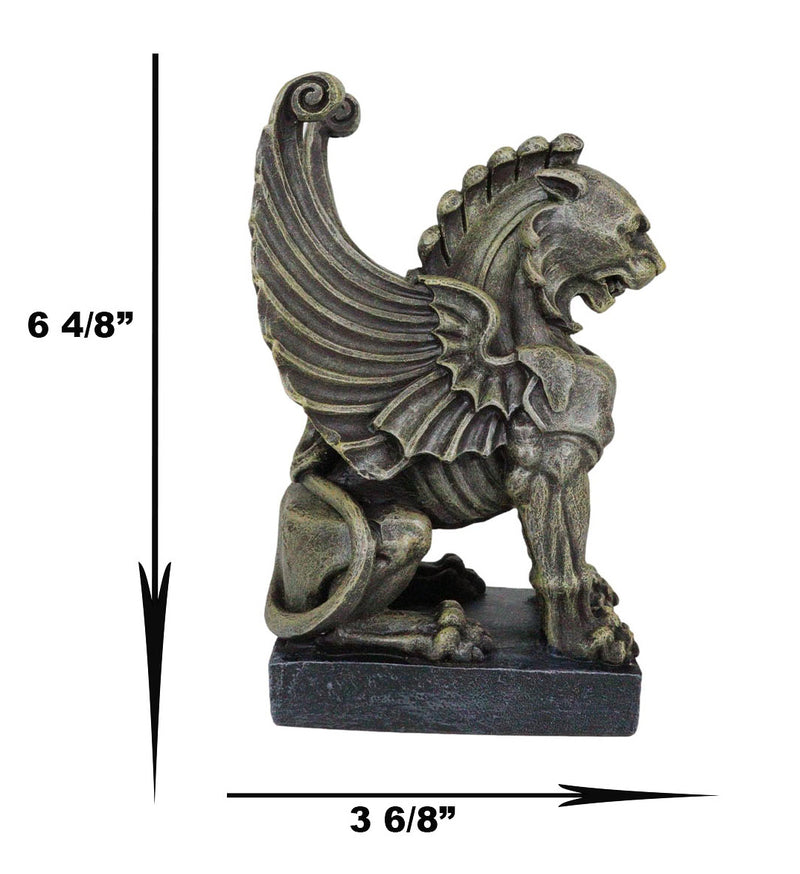 Stoic Winged Lioness Gargoyle Crouching On Pedestal Decorative Figurine 6.25"H