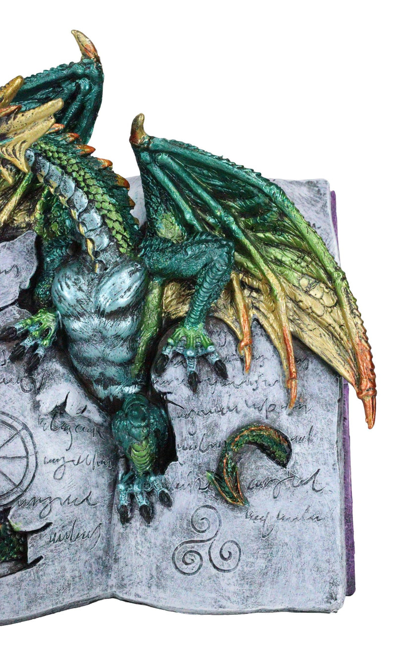 Guardian Of Bibliography Gold Green Dragon Emerging Out Of Spell Book Figurine