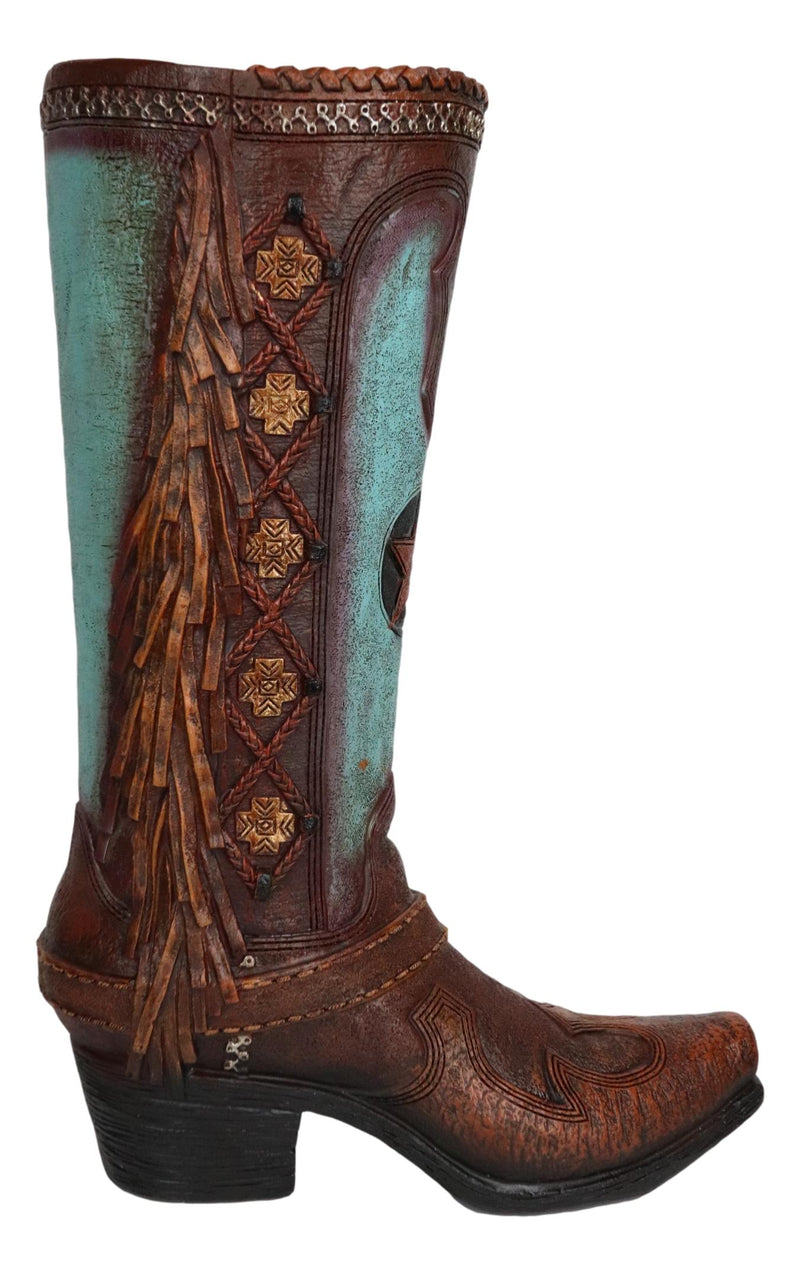 Rustic Country Faux Tooled Leather Western Lone Star Turquoise Cowboy Boot Vase