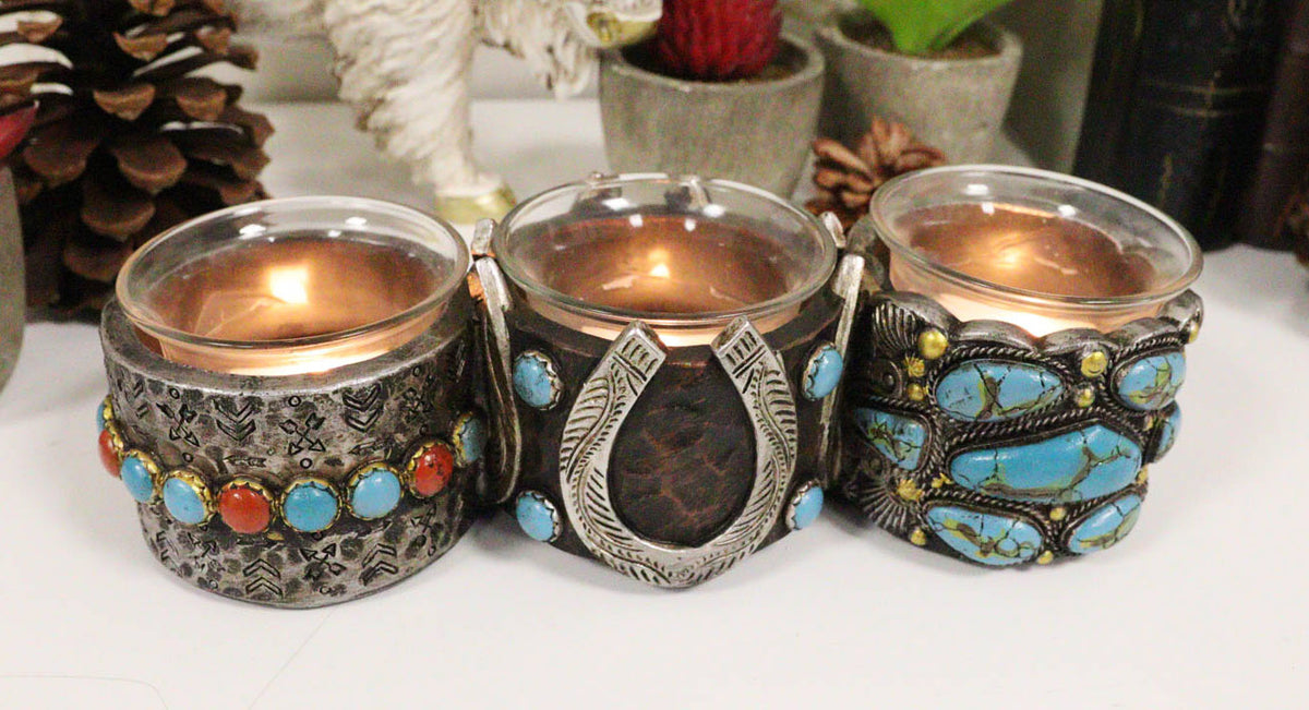 Rustic Western Horseshoe Turquoise Pebble Rocks 3 Votive Candles Holder Accent