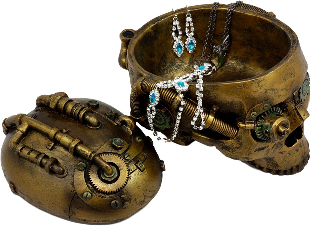 Steampunk Cyborg Robotic Skull Jewelry Box Figurine 7.5"L Skull Bowl Container - Ebros Gift