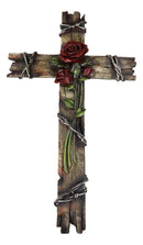 Rustic Western Faux Wooden Valentine Love Red Roses With Barbed Wires Wall Cross