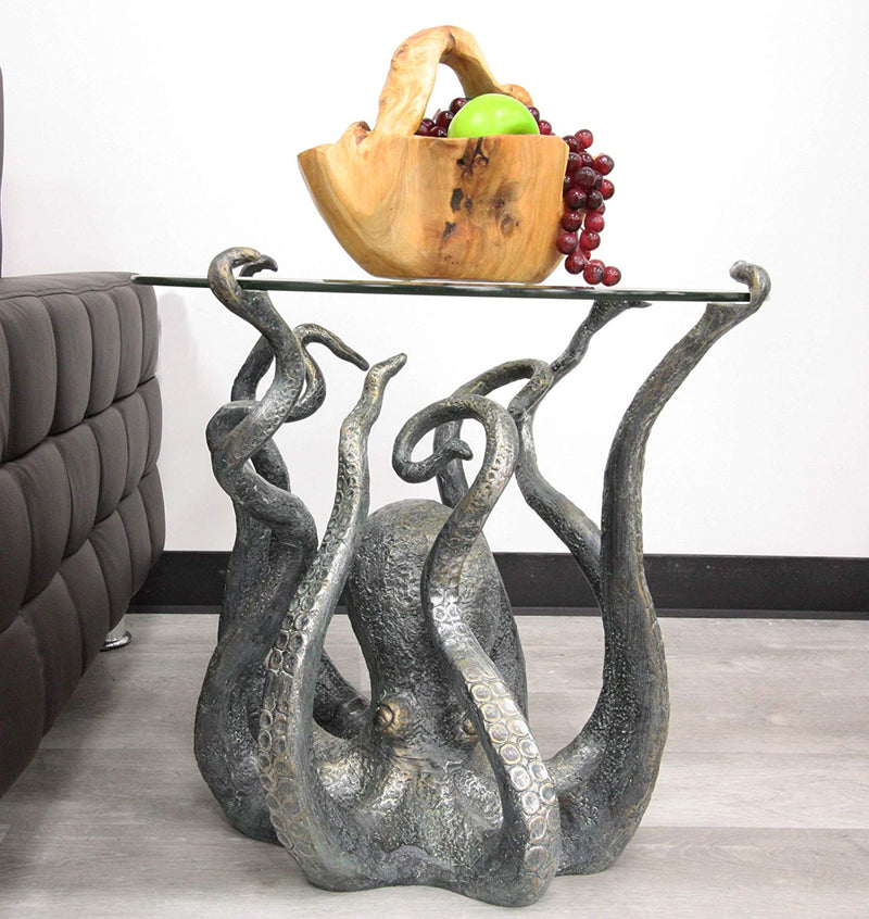 Ebros Gift Aluminum Metal Nautical Ocean Deep Sea Octopus with Raised Tentacle Legs Round Side Coffee Table with Glass Top Furniture Collectible Fantasy Kraken Monster End Tables for Home and Office