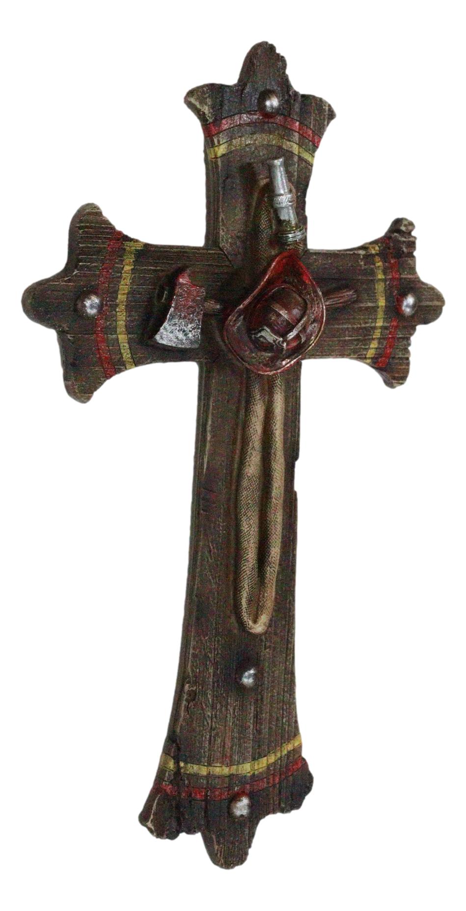 Rustic Fire Fighter Tools Fireman Axe Helmet Water Hose Faux Wood Wall Cross