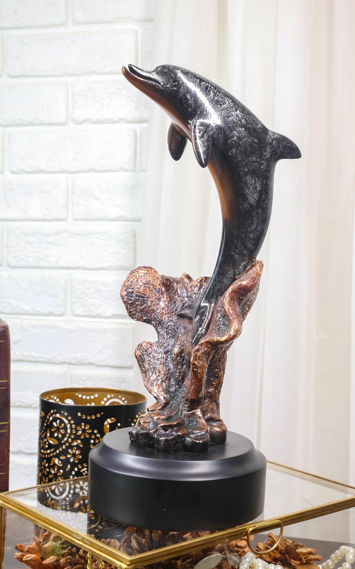 Marine Sea Dolphin Jumping Out Of Water Bronze Electroplated Resin Figurine - Ebros Gift