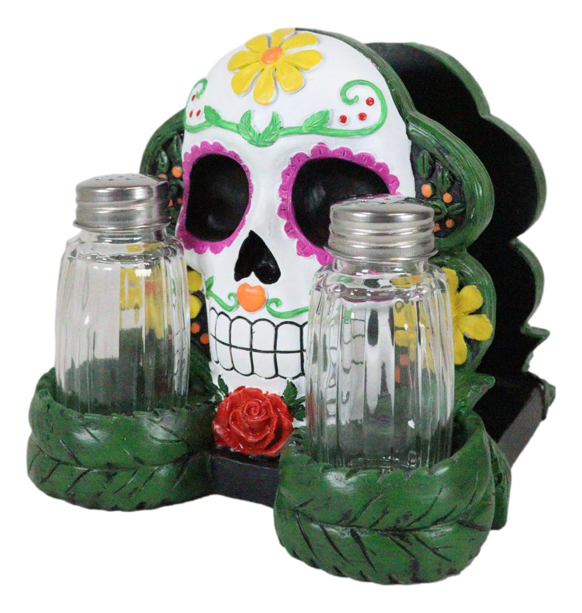Sugar Skull Day Of The Dead Gothic Rose Salt Pepper Shakers Napkin Holder Set