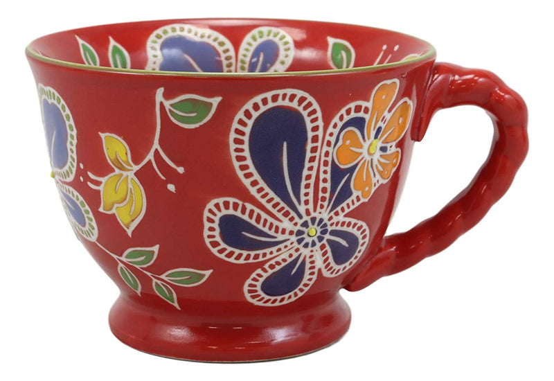 Ebros Colorful Vintage Victorian Style Floral Spring Blossoms Ceramic 14oz Mugs With Comfort Ridged Handle Set of 4 Coffee Tea Drink Cups (Red)