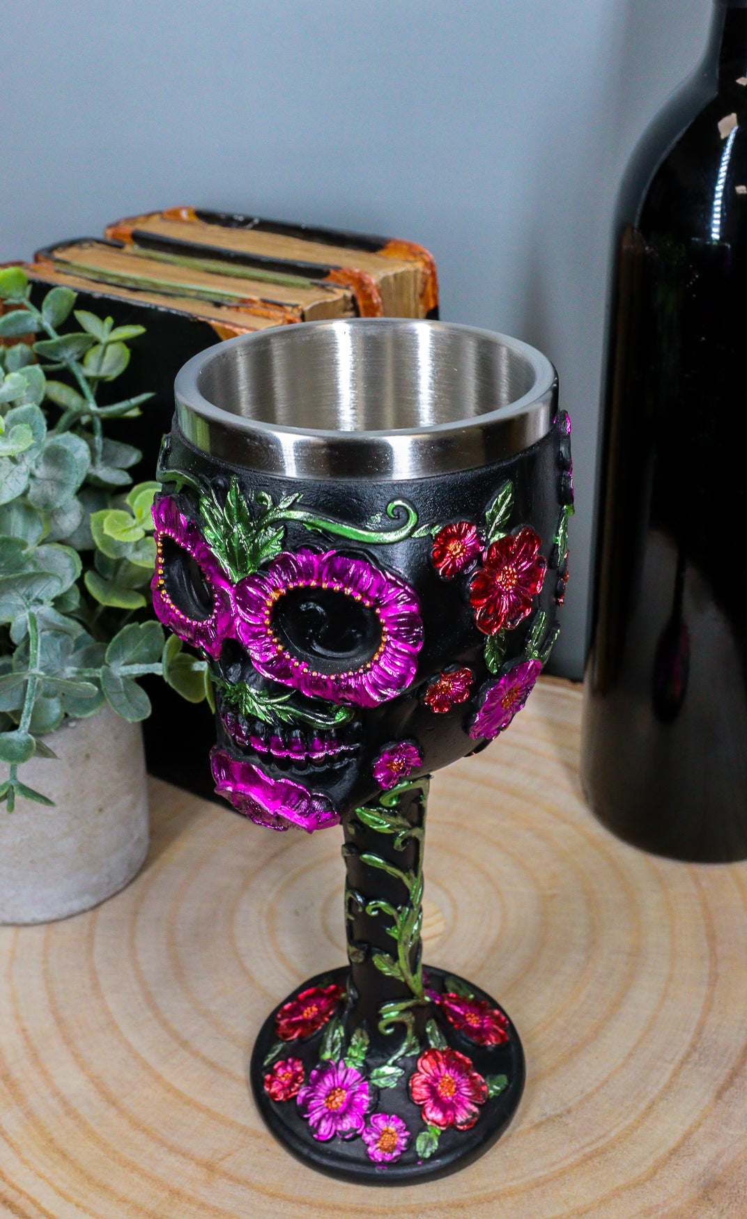Ebros Gothic Black Red Pink Green Day of The Dead Sugar Skull Wine Goblet 7oz