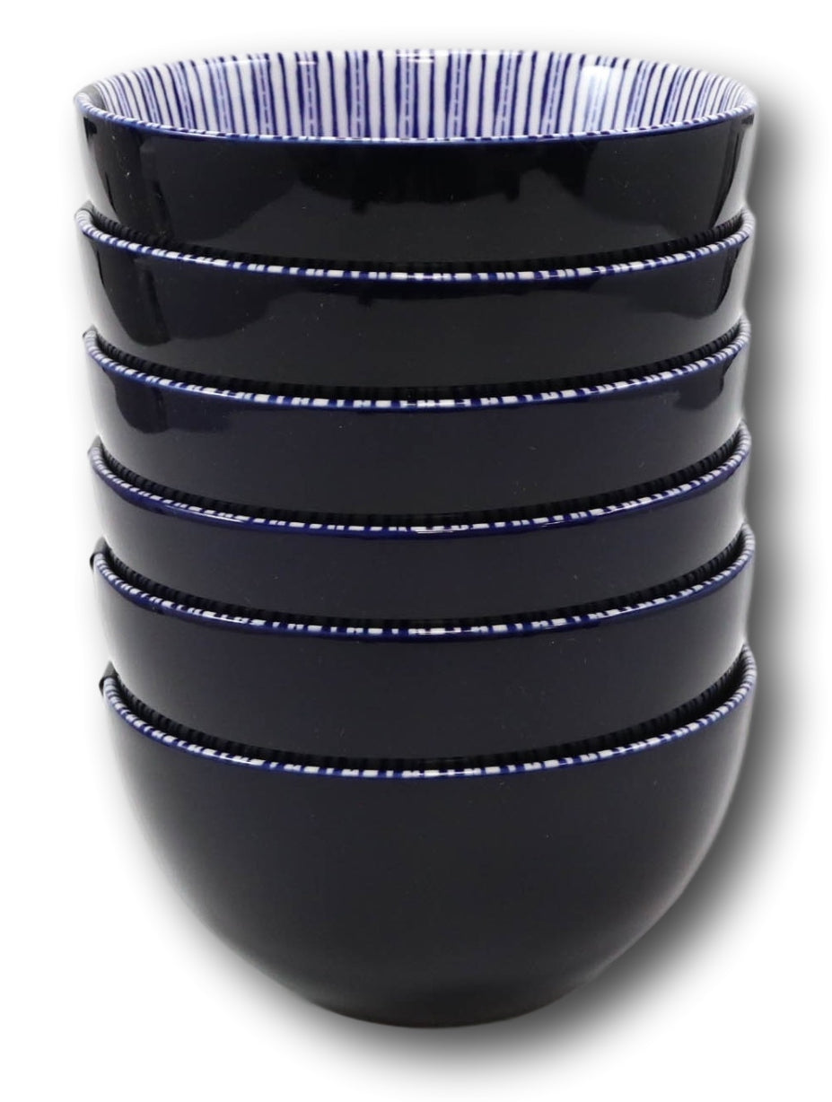 Pack Of 6 Artistic Blue Geometric Stripes Rice Soup Salad Ceramic Bowls 14oz - Ebros Gift