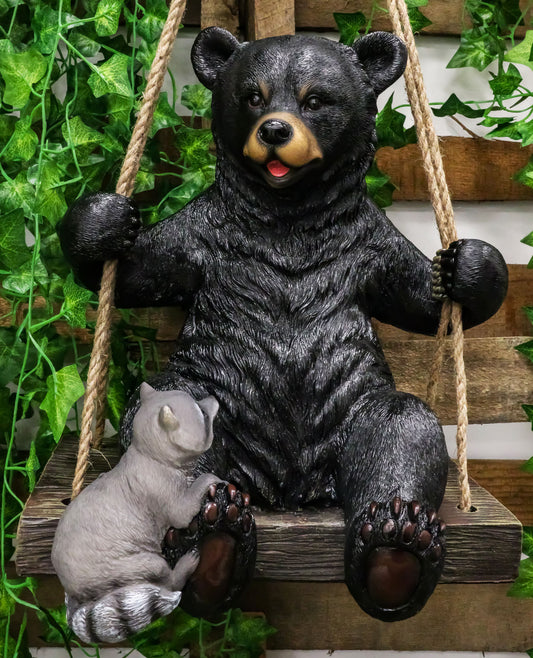 Large Swinging Black Bear With Buddy Raccoon Hanging Statue With Rope Ties 15"H - Ebros Gift