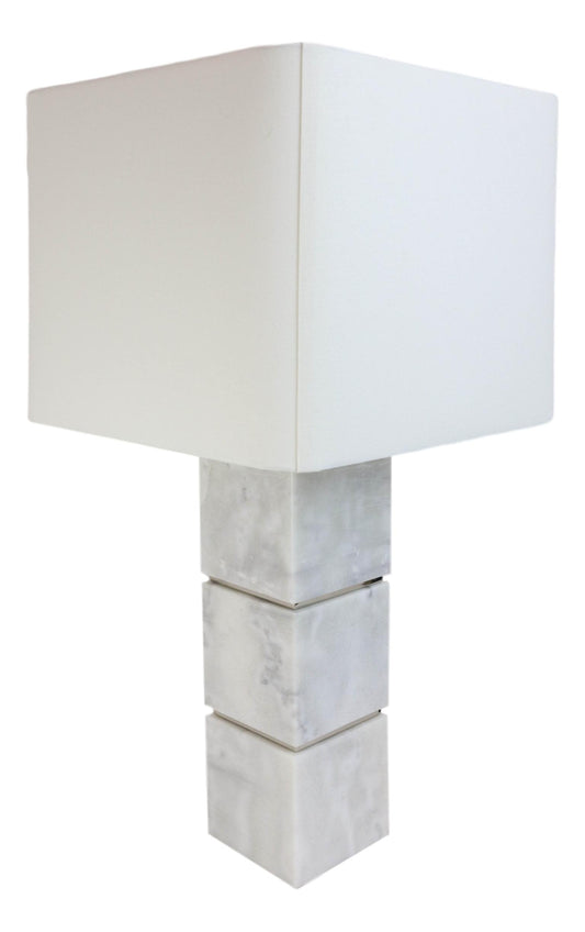 27"H Contemporary Elegant 3 White Marble Cubes Gold Trim Table Lamp Fabric Shade - Ebros Gift