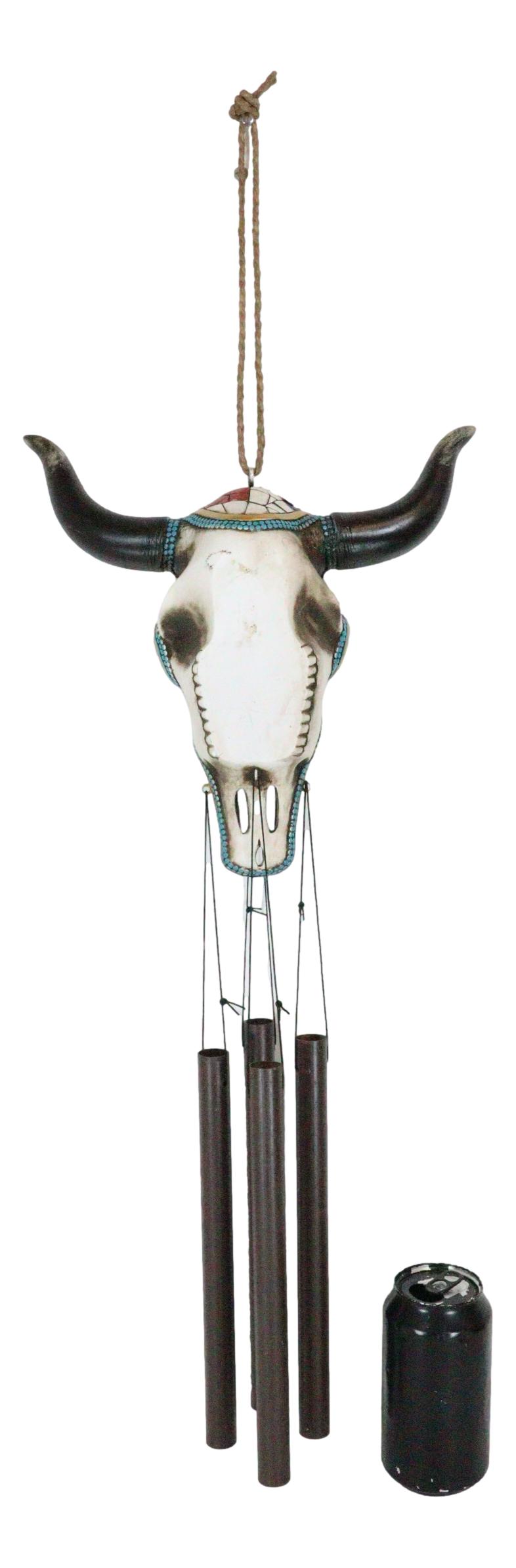 Large Rustic Western Patriotic Bull Cow Skull With US Flag Decorative Wind Chime
