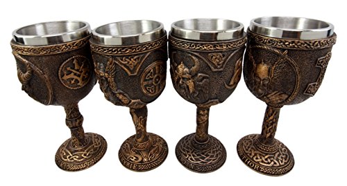 Ebros Odin Valkyrie Loki Battle Longship 7oz Resin Wine Goblet Chalice Set of 4