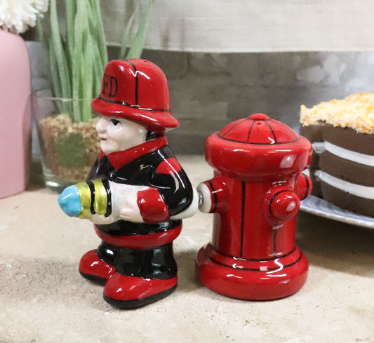 Ebros Fireman Fighter W/ Hose By Red Fire Hydrant Ceramic Salt & Pepper Shakers - Ebros Gift