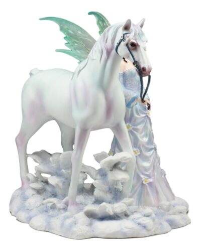 Ebros Aurora Borealis Winter Fairy with Sacred White Horse Statue 10" Long by Nene Thomas Decorative Mythical Fantasy Figurine Collectible