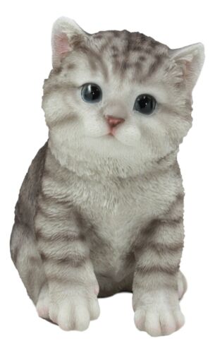 Ebros Lifelike Sitting Grey Tabby Cat Statue 6.75" Tall with Glass Eyes Hand Painted Realistic Feline Kitten Cat Decor Figurine