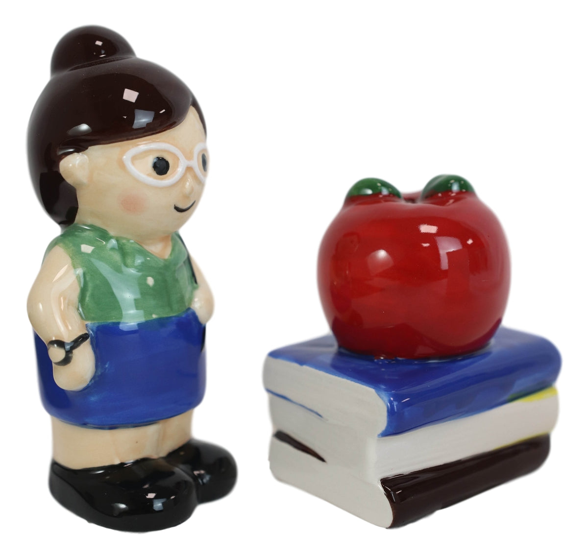 Ceramic Lady School Teacher And Red Apple Books Salt Pepper Shakers Figurine Set