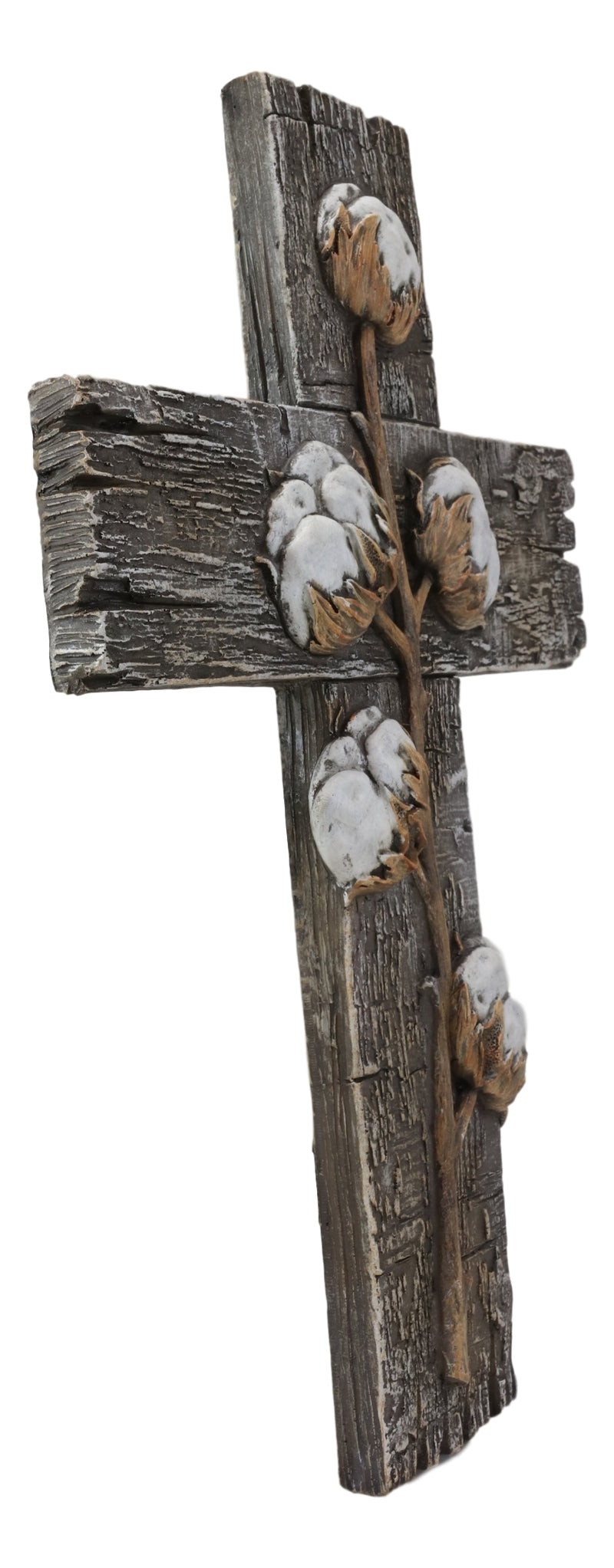 Rustic Farmhouse Cotton Stem And Bolls Crucifix Wall Cross In Rugged Wood Finish