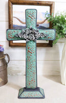 Rustic Western Turquoise Floral Scroll With Silver Roses Standing Cross Statue