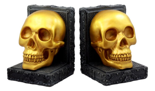 Pirate's Treasure Golden Skull Bookends Set 7"H Medieval Floral Gothic Statue