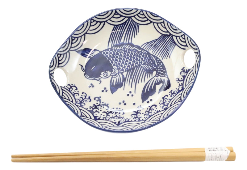Blue White Koi Fish Small Appetizer Coupe Plate Flat Bowl With Chopsticks Set