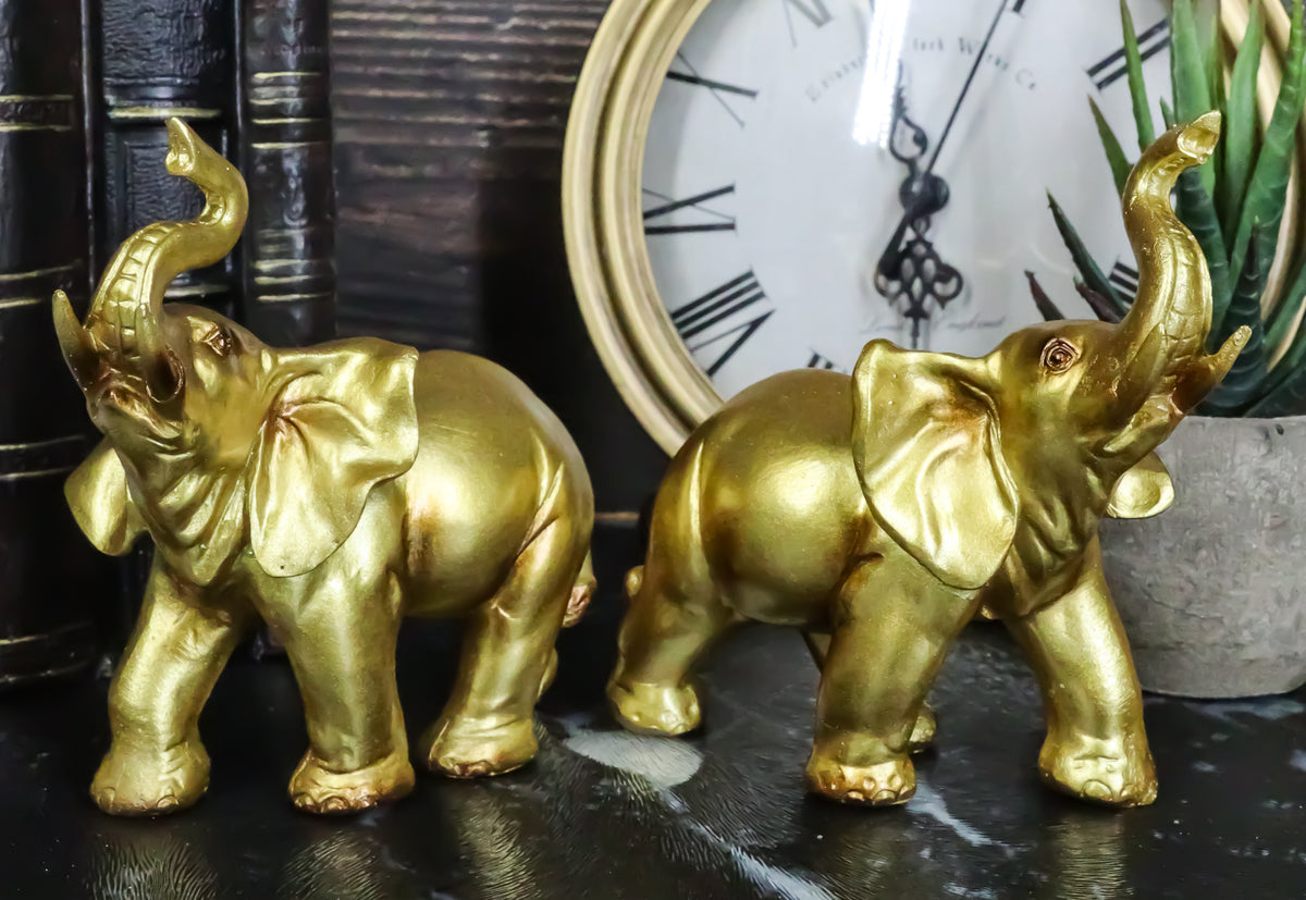 Feng Shui Gold Patina Elephant Left And Right Pair Figurines With Trunks Up - Ebros Gift