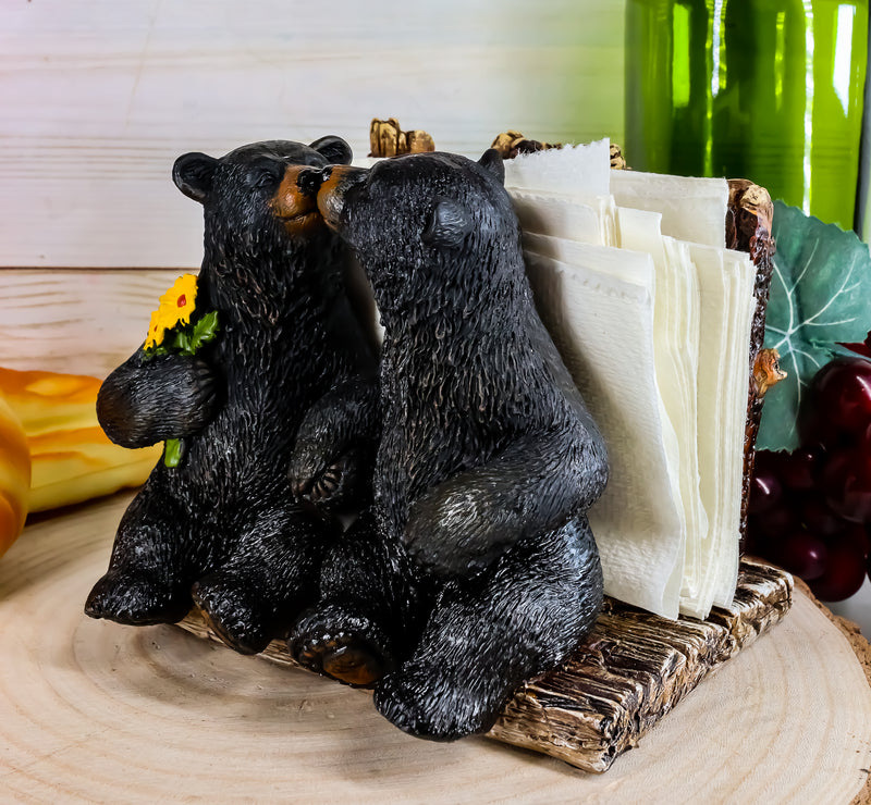 Ebros Romantic Kissing Black Bears Seated By Tree Logs Kitchen Napkin Holder 5"H