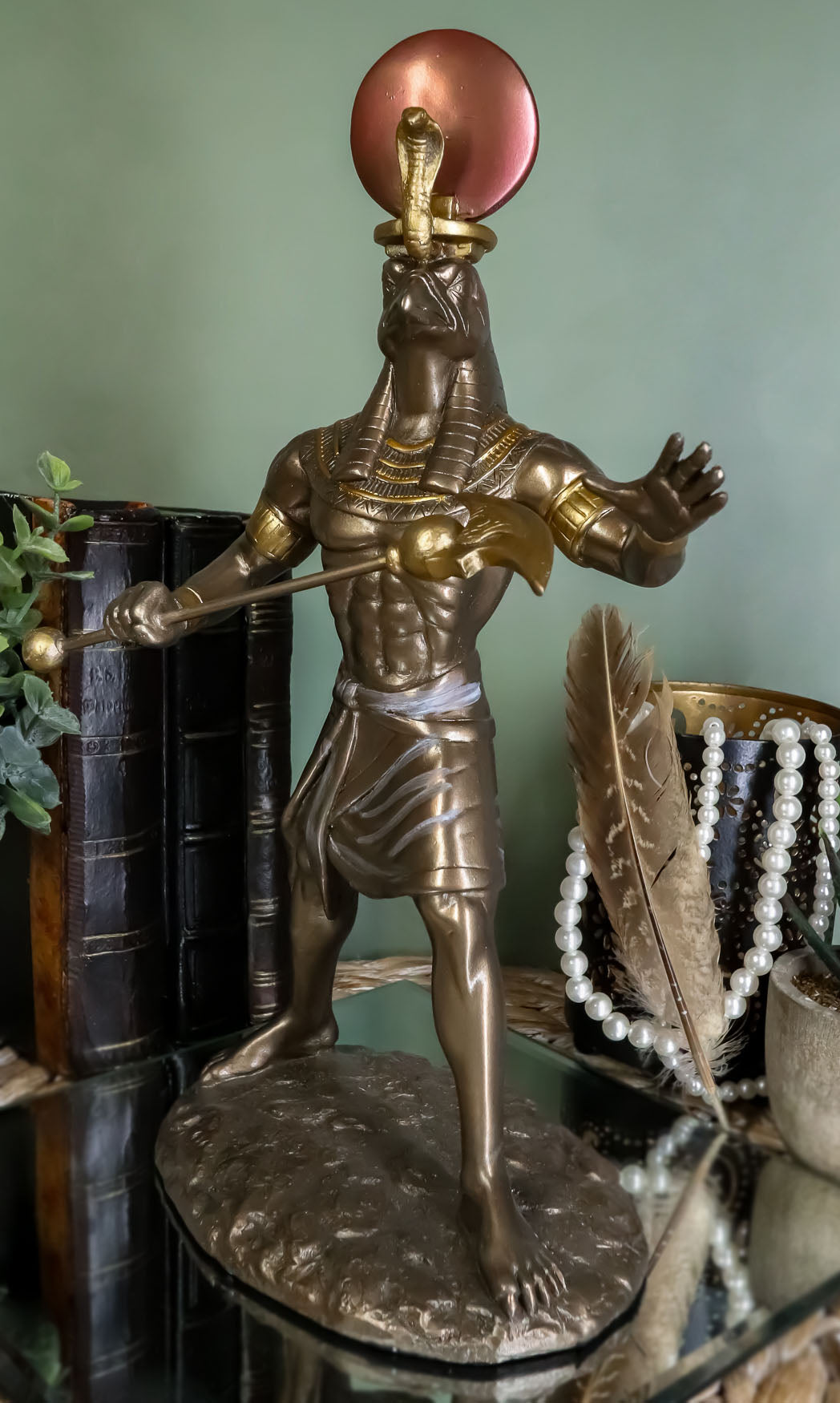 Ebros Egyptian Mythology God Horus Ra with Sun and Uraeus Disc Statue in Faux Bronze Resin Gods of Egypt Deity of War & Sky Falcon Heru Figurine 11" Tall Home Decor Sculpture - Ebros Gift