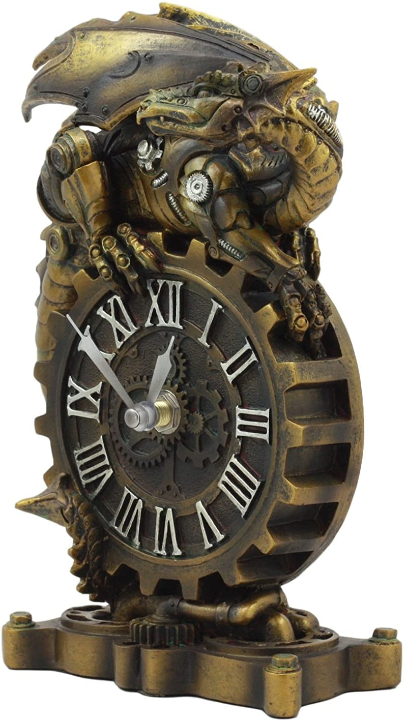 Chronos Resting Steampunk Cyborg Dragon Table Clock Statue Painted Gearwork Art