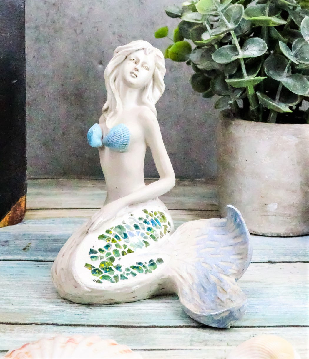 Sitting Baby Blue Mermaid Statue Decor with Mosaic Crushed Glass Tail 4.75"H