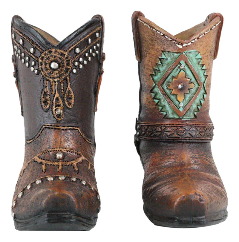 Set of 2 Western Cowboy Turquoise & Dreamcatcher Boots Make Up Tools Pen Holder