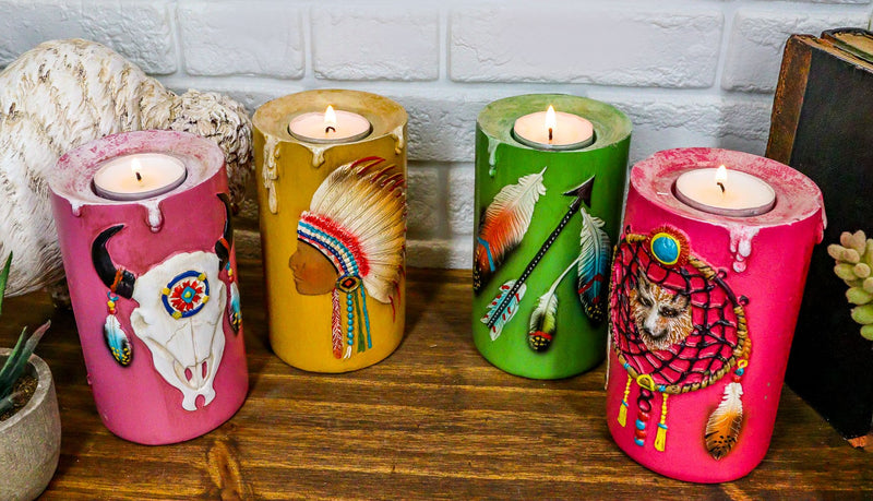 Southwestern Indian Dreamcatcher Feathers Colorful Votive Candleholders Set Of 4